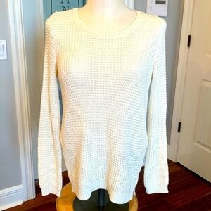 Olive and oak soft creamy white long sleeve sweater braided ribbon detail back